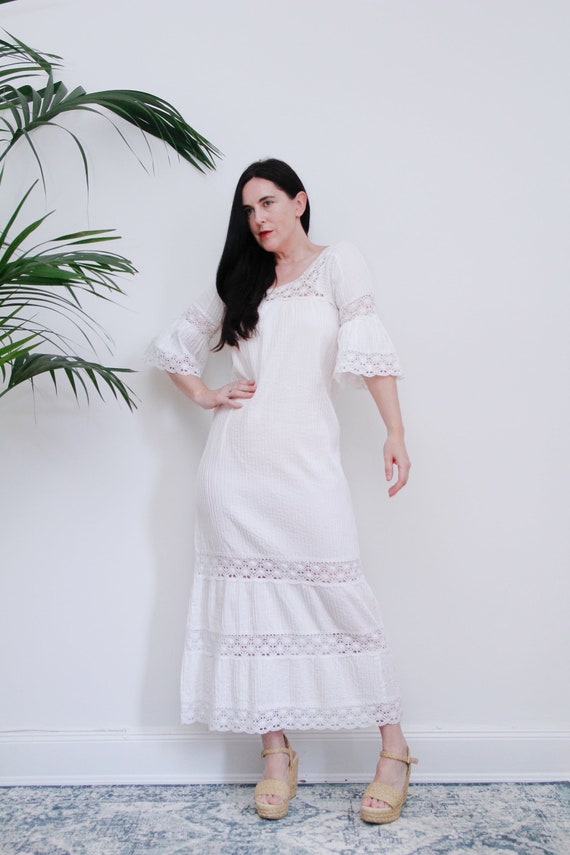 Vintage White Cotton Lace Mexican Wedding  Dress … - image 5