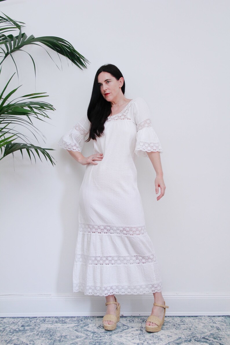 Vintage White Cotton Lace Mexican Wedding Dress Kaftan Oaxaca Dress 70's image 5