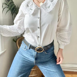 80’s  White Cotton Blouse with Embroidered Leaves, Vintage Prairie Top, Peter Pan Collar,   Bohemian, Romantic Blouse, Ethereal, M