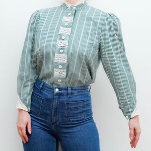 Vintage Victorian Prairie Gingham Green Checked Sleeve Cottage Core Blouse Shirt
