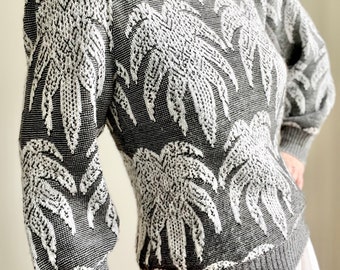 Vintage Palm Tree Scenic Knitted Graphic Boho Hippie Jumper Sweater Top 70's