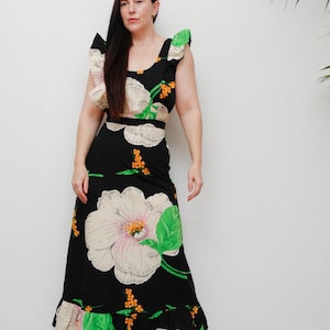 70s Black Floral Pinafore Dress: Vintage Cotton Apron Frilly, Prairie Style