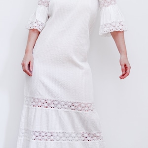 Vintage White Cotton Lace Mexican Wedding Dress Kaftan Oaxaca Dress 70's image 6