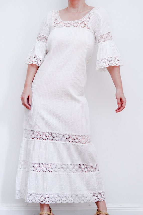 Vintage White Cotton Lace Mexican Wedding  Dress … - image 6