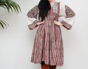 70s Kaiser India Gauze Dress, Vintage Block Print Middle Eastern  