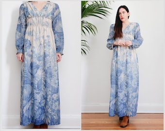 Vintage Blue Floral Ethereal Gothic Prairie Victorian Cottage Core Maxi Dress 70's