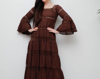 70’s Traditional Mexican Cotton with Fluted Sleeves, Vintage Summer Kaftan Dress, Wedding Maxi Dress Magical Bohemian / Small