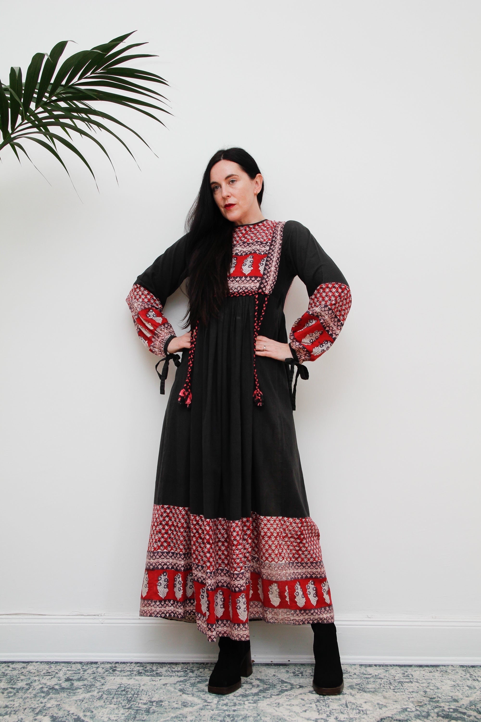 70’s Red and Black Indian Cotton Block Maxi Dress, True Vintage, Bohemian, Folklore, Vintage Cotton Maxi, M