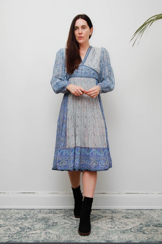 1970's Indian Cotton Gauze Dress, Vintage Floral Bohemian Gown