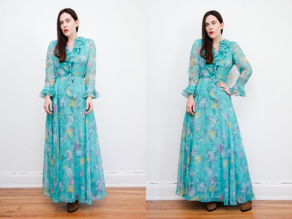 Vintage Prairie Floral Frilly Peasant Maxi Dress