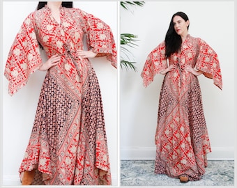 Vintage Indian Cotton Block Kaftan Batik Hippie Angel Sleeve  Bohemian Maxi Dress 70's