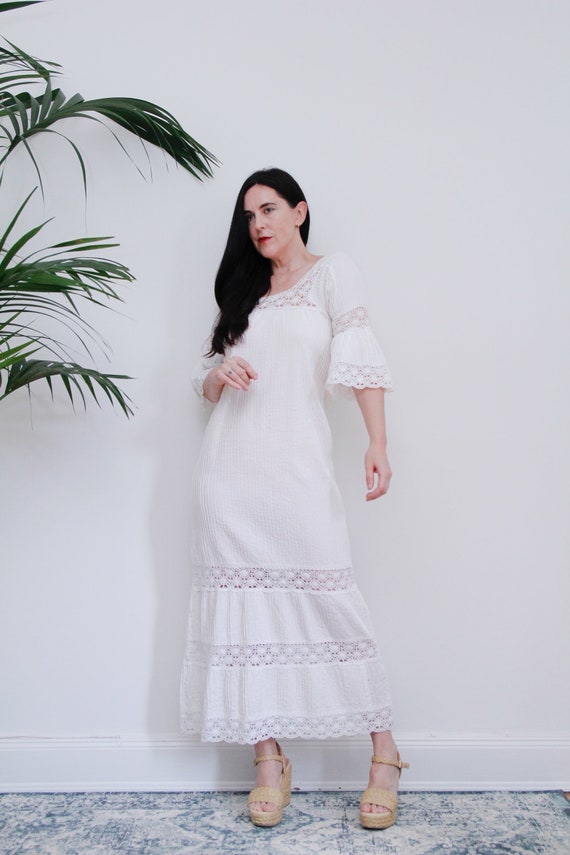 Vintage White Cotton Lace Mexican Wedding  Dress … - image 9