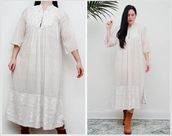 Vintage White Indian Cotton Gauze Original 70s Kaftan Ethereal Hippie Boho Dress 70's