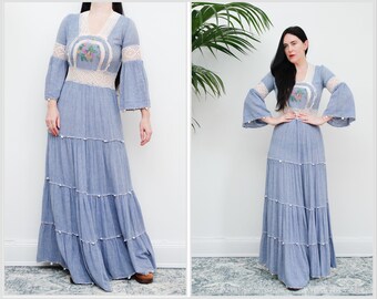 Vintage Prairie Folk Cotton Flute Sleeve Ethereal Kaftan Bohemian Maxi Dress RARE 70's