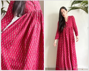 Vintage Indian Cotton Block Kaftan Batik Hippie Bohemian Maxi Dress 70's