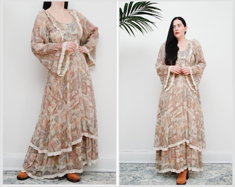 Vintage John Charles Scenic Print Cotton Bohemian Draped Kaftan Kimono Maxi Dress