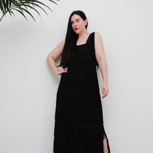 70’s Black Fringe Tassels Dress, Disco Fever, Vintage Goddess Maxi, Fringed, M