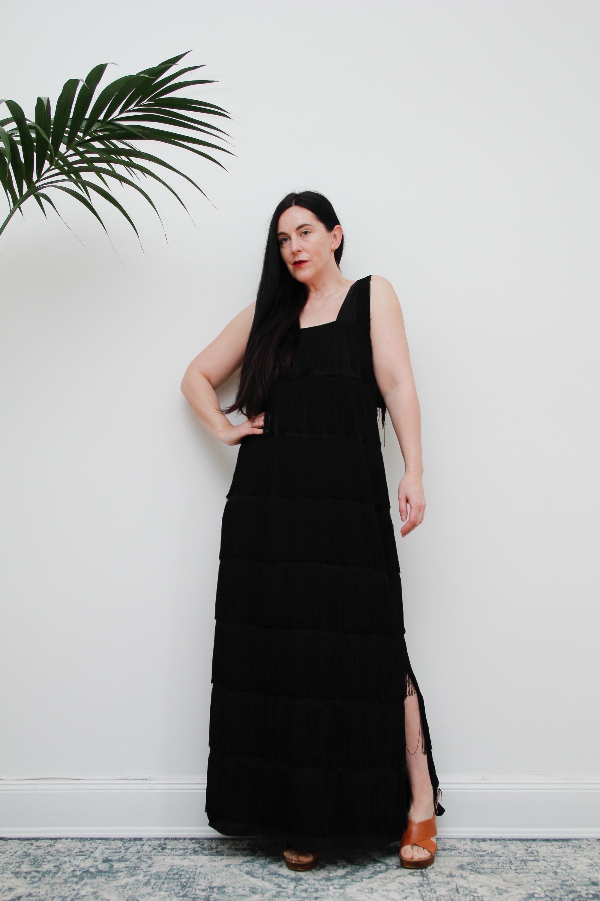 70’s Black Fringe Tassels Dress, Disco Fever, Vintage Goddess Maxi, Fringed, M