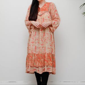 Original 70s Orange and Green Indian Cotton Gauze Dress, I Dian Cotton Smock, Bohemain, Hippie, Rare Phool Dress, S M