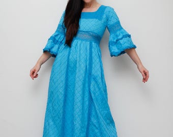 70’s Blue Traditional Mexican Dress, Cotton Turquoise, Bohemian, Summer, Prairie Dress with Flute Sleeves / Small