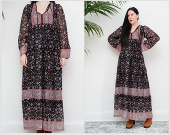 Vintage Indian Cotton Gauze Original 70s Kaftan Batik Hippie Boho Maxi Dress 70's