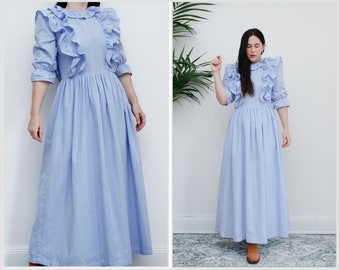 Vintage Blue Prairie Cotton Frill Victorian Maxi Dress 70's RARE