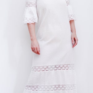 Vintage White Cotton Lace Mexican Wedding Dress Kaftan Oaxaca Dress 70's image 10