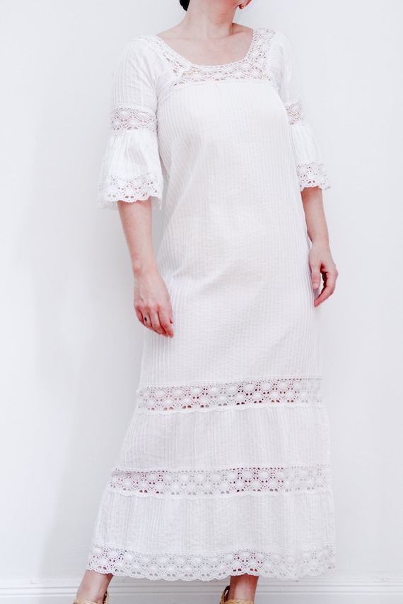 Vintage White Cotton Lace Mexican Wedding  Dress … - image 10