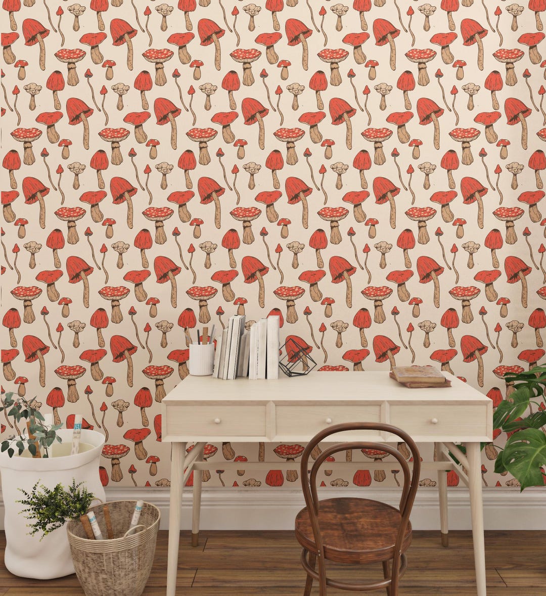 Red Mushroom Wallpaper : Botanical Peel and Stick Mural , CMU101 - Etsy