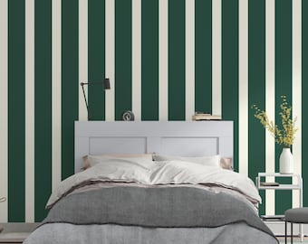 Dark Green and Beige Vertical Striped Wallpaper, Peel and Stick, Traditional