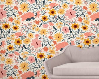 Botanical Floral Wallpaper, Yellow and Pink Flower Garden Pattern for Nursery, Living Room and Bedroom Walls