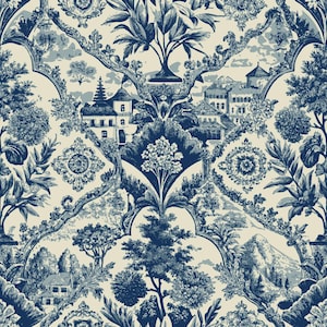 May include: A seamless pattern featuring a detailed blue and white toile design. The pattern includes illustrations of trees, buildings, and landscapes, creating a classic and elegant aesthetic. The design is suitable for fabric or wallpaper.