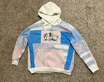 Pink and Blue Floral Woman’s Patchwork Hoodie