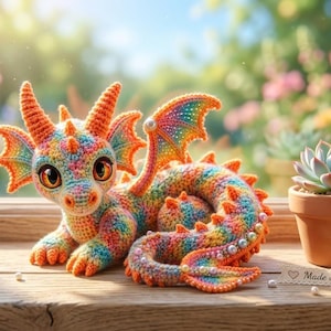 May include: A colorful, crocheted dragon figurine with orange horns, wings, and tail. The dragon is made with rainbow-colored yarn and has large, expressive eyes. A small succulent in a terracotta pot sits nearby on a wooden surface.