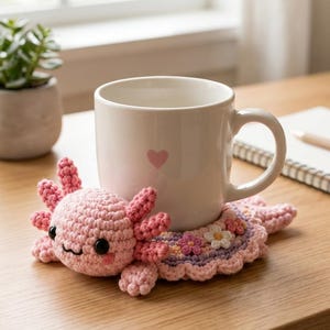 Puede incluir: Una taza de cerámica blanca con un corazón rosa descansa sobre un posavasos de axolotl tejido a mano. El posavasos es rosa con un borde floral y una cara de axolotl sonriente. Sobre una superficie de madera.