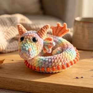 Puede incluir: Un dragón de ganchillo hecho a mano en colores pastel arcoíris. El dragón tiene grandes ojos negros, alas y cuernos naranjas, y un anillo de cuentas naranjas alrededor de su cuerpo. Está sobre una superficie de madera.
