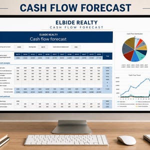 May include: A computer monitor displays a cash flow forecast from Elbide Realty. The screen shows financial data in a spreadsheet format, with charts and graphs. A keyboard, mouse, notepad, and coffee mug are on the desk.