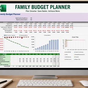 May include: A computer monitor displays a Family Budget Planner spreadsheet. The screen shows charts and tables with financial data, including income, expenses, and savings. The Excel logo is visible in the top left corner. The text "Plan Smarter. Save Better. Achieve More." is also visible.