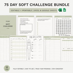 May include: A digital planner bundle for a 75-day soft challenge, featuring editable and printable pages. The design includes habit trackers, body measurement charts, and progress logs. The cover is a soft green with the text "75 Day Soft Challenge". Compatible with Excel and Google Sheets.