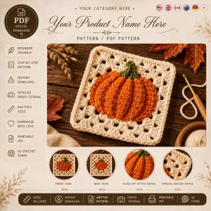 Puede incluir: Un patrón de ganchillo en PDF digital que presenta un motivo cuadrado con una calabaza naranja texturizada y un tallo verde sobre un fondo crema. El diseño incluye texto, iconos y cuatro miniaturas circulares con los detalles.