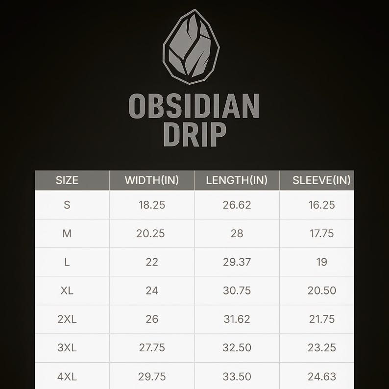 May include: Black graphic with the text "OBSIDIAN DRIP" and a size chart. The chart lists sizes S to 4XL with width, length, and sleeve measurements in inches.