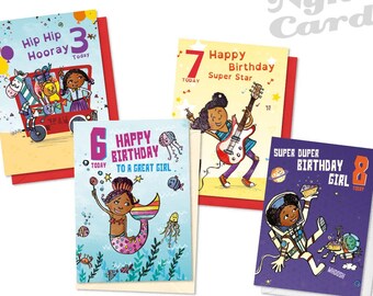 Leeftijdskaart voor kinderen, kaart zwart meisje, speciale leeftijdskaarten, kaarten voor meisjes, kaart zwarte prinses, kaart met cijfers, gelukkige verjaardag, mijlpaalverjaardag