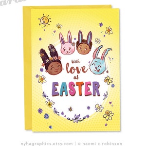 Tarjeta de Amor en Pascua, Tarjeta de Pascua Feliz, Tarjetas Lindas, Flores de Primavera, Huevos de Pascua, Tarjeta de Conejito de Pascua, Afro Kids, Multicultural, tarjeta para niños