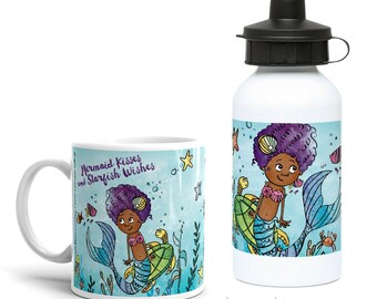 Gepersonaliseerde mok en waterfles kleine zeemeermin – aangepaste kinderbeker, leuk zeemeermincadeau voor meisjes, verjaardagscadeau, kerstsokvuller