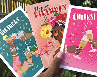 Verjaardagskaarten set van 3 voor dames | Verjaardagskaarten zwarte vrouw | Vriendschapskaarten | Kleurrijke wenskaartenset | Inclusief verjaardagskaarten
