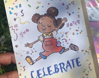 Kaart vieren, zwarte meid magie, gefeliciteerd, alledaagse kaart, meisje van gemengd ras, afro bladerdeeg, nieuwe babykaart, feest, leuke wenskaart
