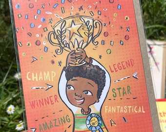 Winnaar, Black Boy-kaart, verjaardagskaart voor jongen, goed gedaan kaart, You Did It-kaart, gefeliciteerd kaart, kinderkaart, feestvarken, je bent geslaagd