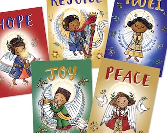 Engel kerstkaarten set, Hope, Noel, Peace, Rejoice & Joy vakantie engelenkaarten, zwarte kerstkaarten, Kwanzaa-kaart, religieuze kaarten