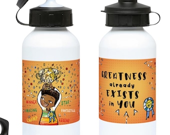 Gepersonaliseerde Greatness-fles of -mok | Verjaardagscadeau voor zwarte jongen, koffiekopje, schoolfles, cadeau voor jongens | Winnaar quote drinkgerei | Kerstmis