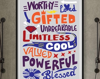 Positieve affirmatie print | Inspirerende typografie muurdecoratie | Poster met motiverende woorden | Moderne decoratie voor zelfliefde | Aanmoedigingscadeau